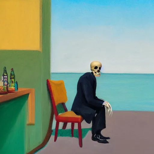 Image similar to a portrait painting of a man in a suit and a skull as his head sitting by the beach, 1 9 5 0 ad campaign, in the style of edward hopper, in the style of edward hopper and david hockney, 4 k,