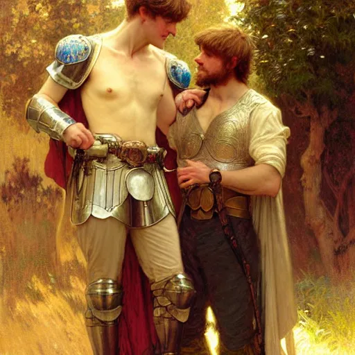 Image similar to attractive arthur pendragon and his attractive male knight, they are in love, natural lighting, path traced, highly detailed, high quality, digital painting, by gaston bussiere, craig mullins, alphonse mucha j. c. leyendecker