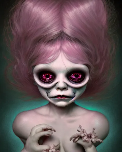 Image similar to one singular portrait of a cute bioluminescent creepy doll, post grunge, highly detailed, digital painting, cinematic, hyper realism, dark retrowave, art by mark ryden and pixar and artgerm and magali villeneuve and alphonse mucha, artstation, octane render, cgsociety