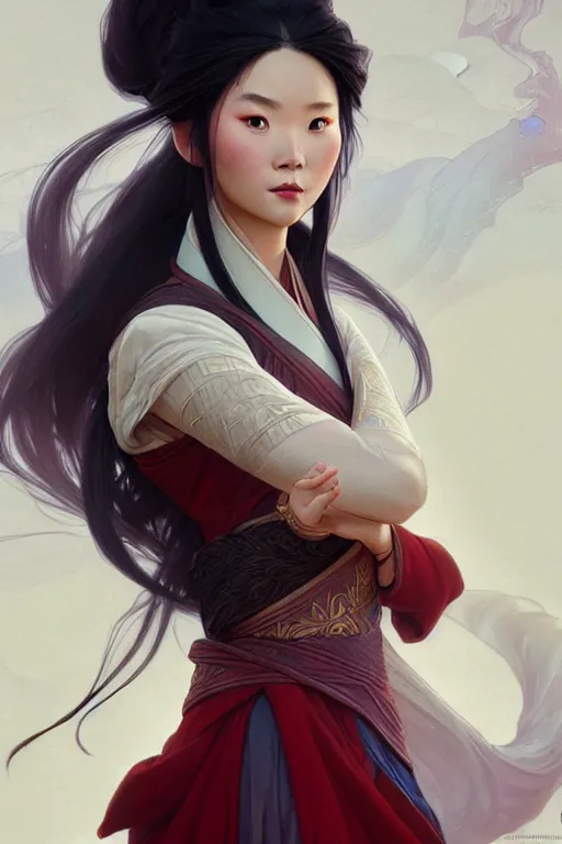 Image similar to Mulan, D&D, fantasy, intricate, elegant, highly detailed, digital painting, artstation, concept art, matte, sharp focus, illustration, art by Artgerm and Greg Rutkowski and Alphonse Mucha