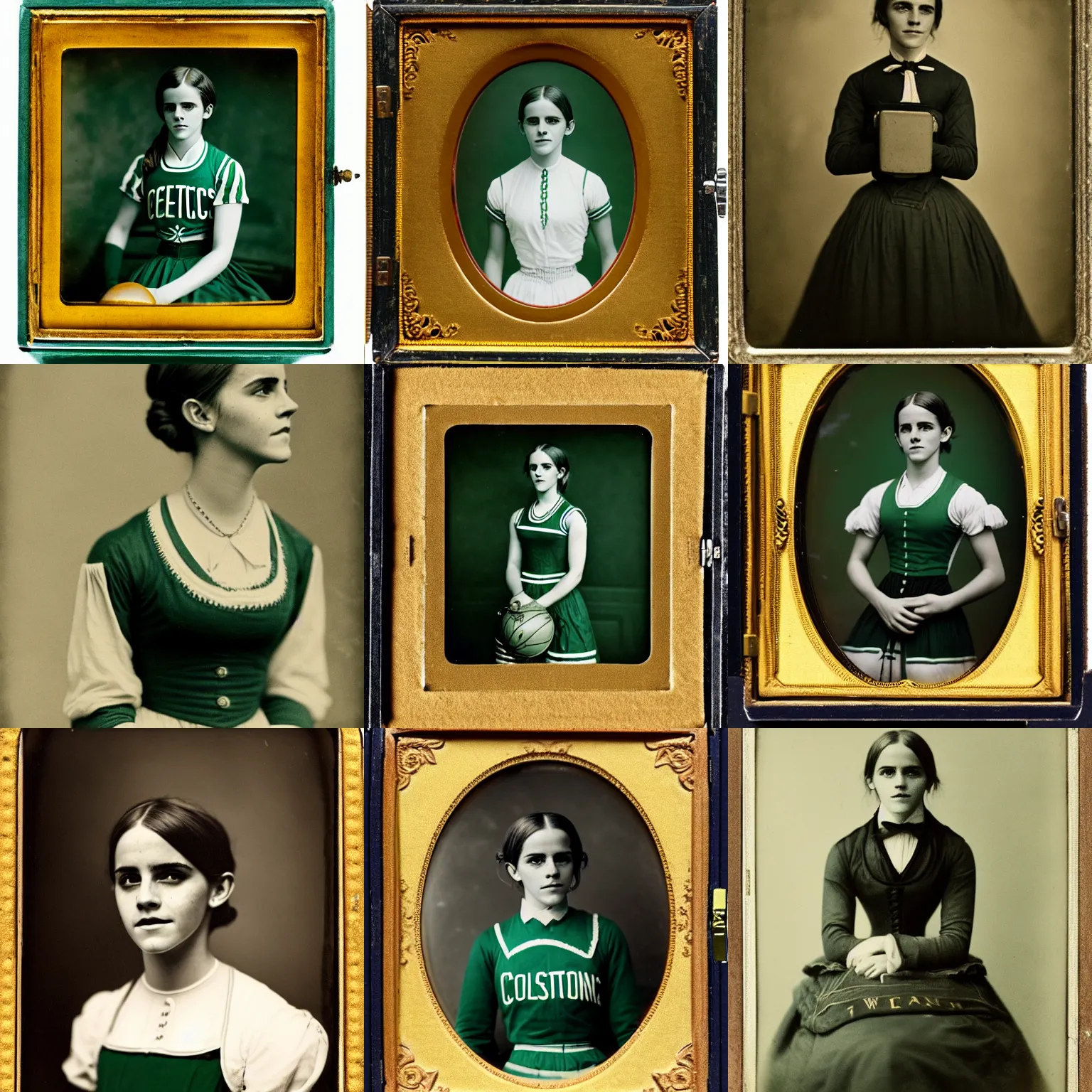 Prompt: emma watson wearing boston celtics uniform, 1 8 4 1, daguerreotype, by louise dahl - wolfe