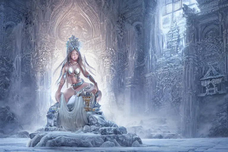 Prompt: a female goddess sitting on a throne in an icy realm at a shrine to worship her at, intricately detailed, physically based rendering, realistic, in the style of WLOP, illustration, epic, fantasy, hyper detailed, smooth, unreal engine, sharp focus, ray tracing