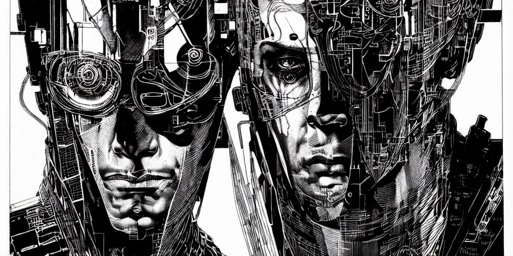 Image similar to cyberpunk portrait, bold line art, by bernie wrightson, etching, screen print, sharp, hyper - detailed