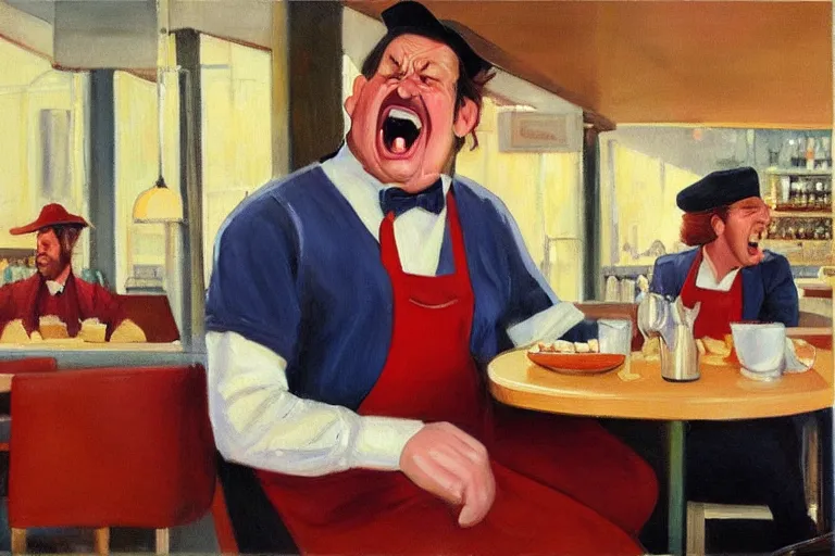 Image similar to a grumpy busser in a restaurant yells at the owner, art by dean macadam