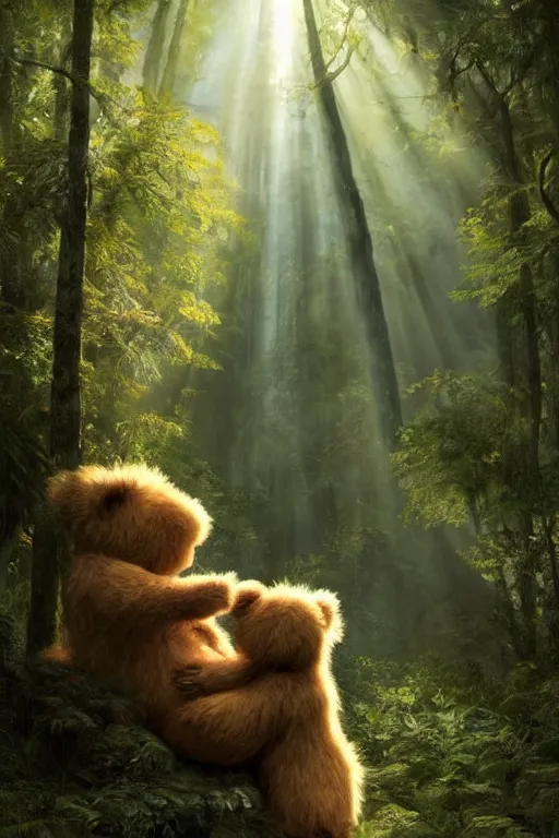 Image similar to mean fluffy teddybear protecting girl in a forest with rays of light coming through the canopy, masterpiece, dystopian, sci-fi, extremely detailed, digital painting, sculpted in zbrush, artstation, concept art, smooth, sharp focus, illustration, chiaroscuro lighting, golden ratio, incredible art, artgerm, greg rutkowski, alphonse mucha, simon stalenhag, carravaggio