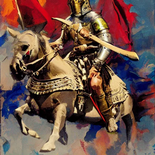 Prompt: mel gibson as rider with couched jousting lance, medieval helmet, colorful caparisons, chainmail, detailed by greg manchess, craig mullins, bernie fuchs, walter everett