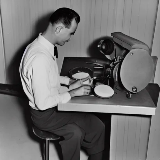 Image similar to an early 1950s photo of someone sitting at a computer making a donut in blender3d