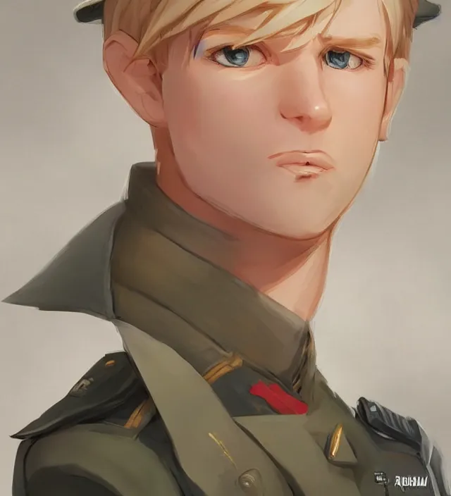 Image similar to character concept art of a cute young german boy with blond hair and bluish eyes, wearing a military uniform. lovely - fine - face, key visual, realistic shaded perfect face, fine details by rossdraws, james jean, andrei riabovitchev, marc simonetti, sakimichan, trending on artstation