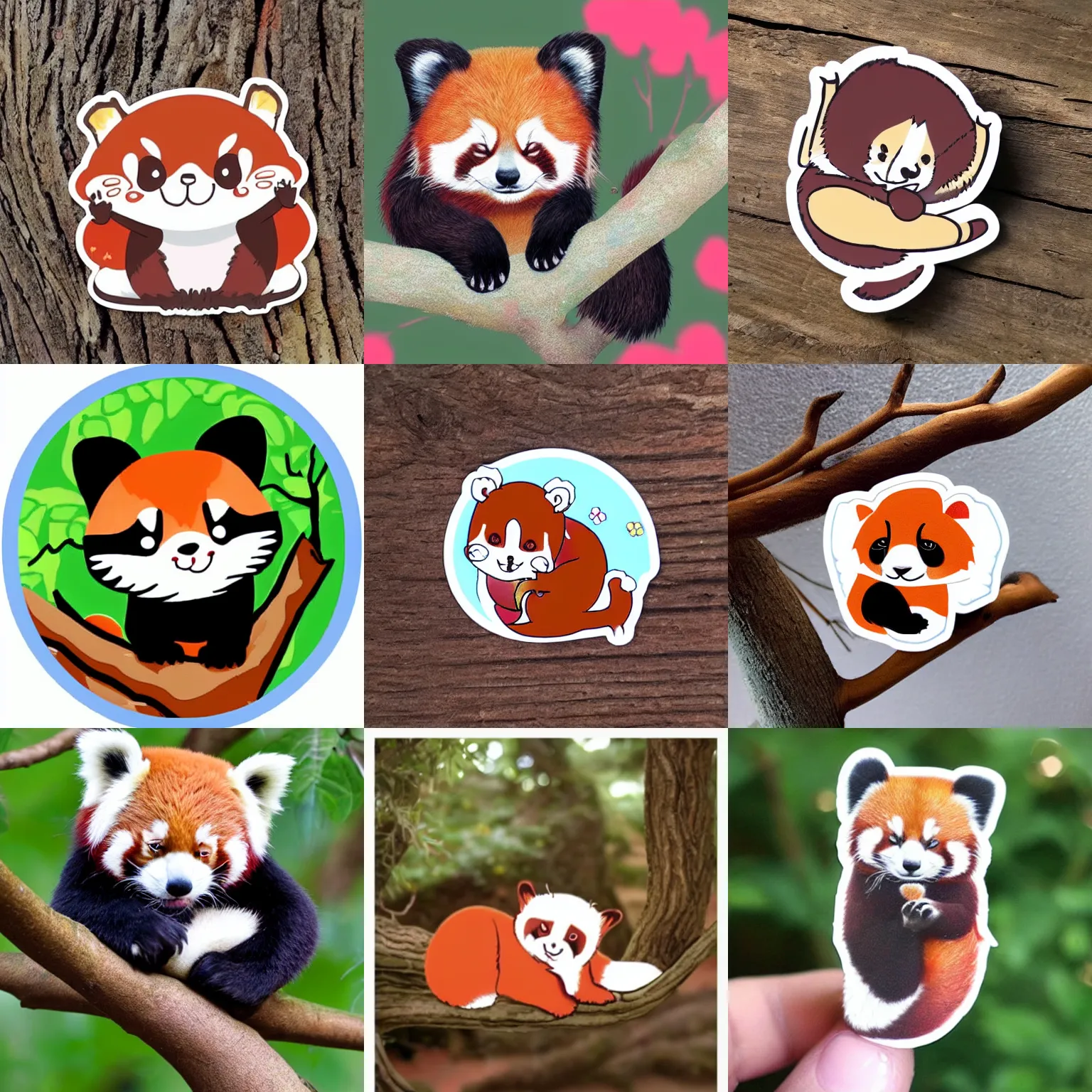 Prompt: a sticker of a happy serene red panda sleeping on a tree branch, kawaii cutest sticker ever