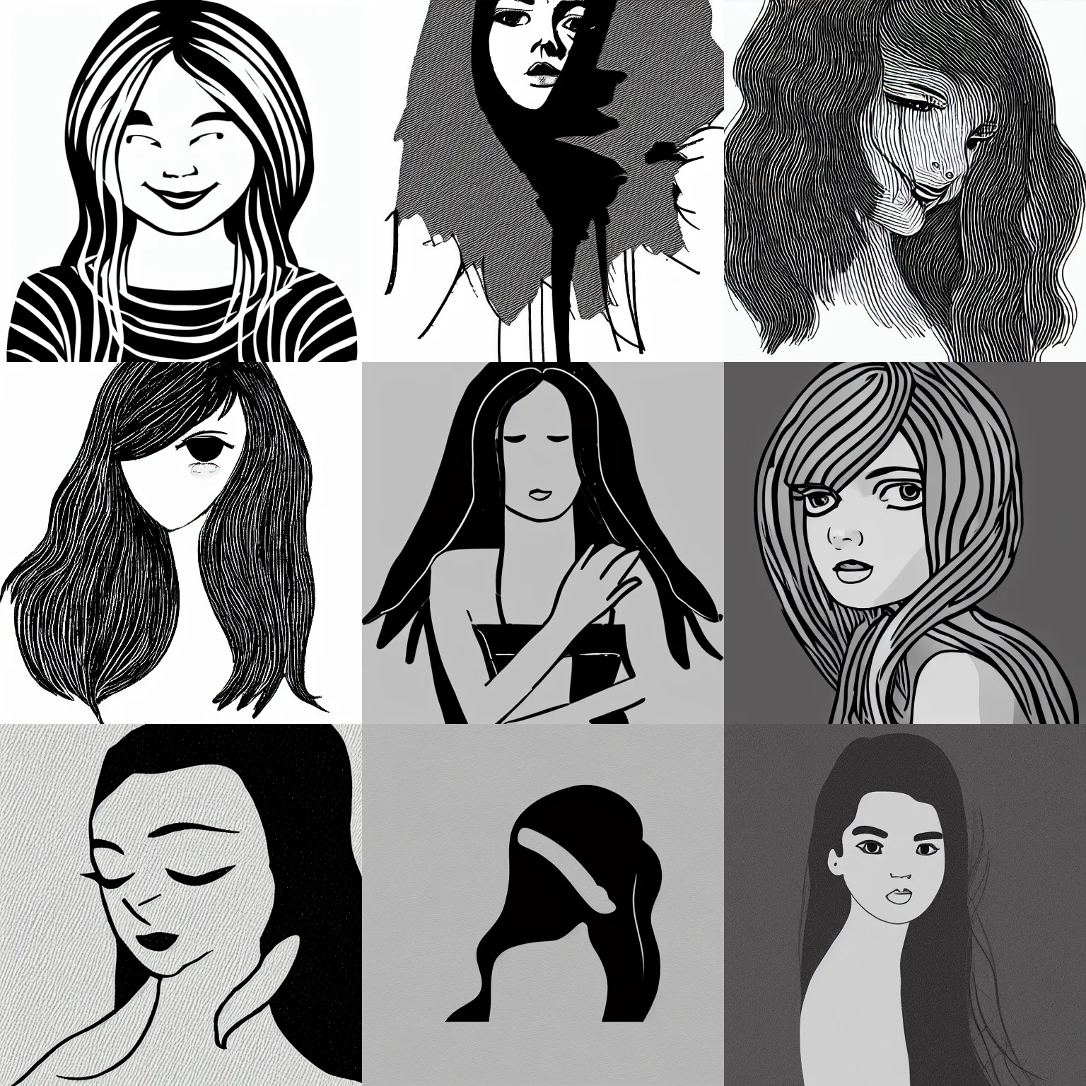 Prompt: beautiful minimalistic oneline drawing of girl. black and white sketch art. minimal logo