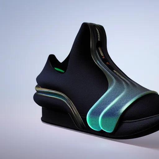 Prompt: product photography extremely detailed futuristic sports sneakers with a detailed foam sole, with holographic elements, 3 d model, hyperrealism, balenciaga style ultra rendered extreme realism and detail, 8 k, f / 2. 2, canon 8 5 mm, photorealistic, sharp focus,