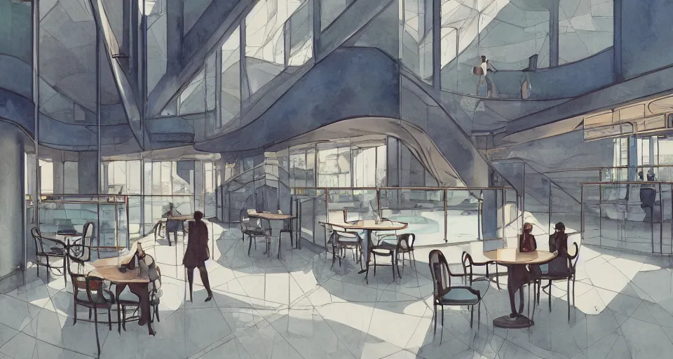 Image similar to a beautiful illustration of futuristic empty cafe, lots of furniture, dining, waiting room, big medium small, sacred geometry, golden ratio, in watercolor gouache detailed paintings, in style of syd mead, trending on artstation,8k, panel, hard surface, vent, zaha hadid, props, plant, cozy,decoration around the room