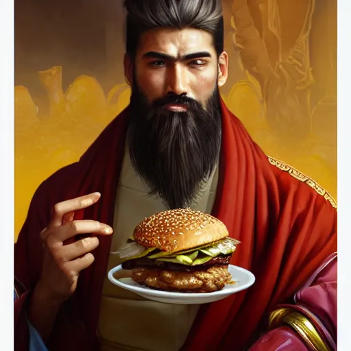 Prompt: portrait of a gengis khan eating a hamburger, extra onions and ketchup, luscious patty with sesame seeds, masculine, handsome, D&D, fantasy, intricate, elegant, highly detailed, digital painting, artstation, concept art, matte, sharp focus, illustration, art by Artgerm and Greg Rutkowski and Alphonse Mucha