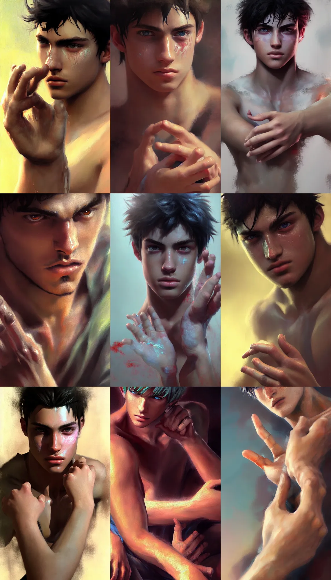 Prompt: A painting of young Joseph Joestar, sweaty skin, hyperrealistic, octane render, cinematic, beautiful face and flawless skin, perfect hands, 5 fingers, by Jeremy Mann