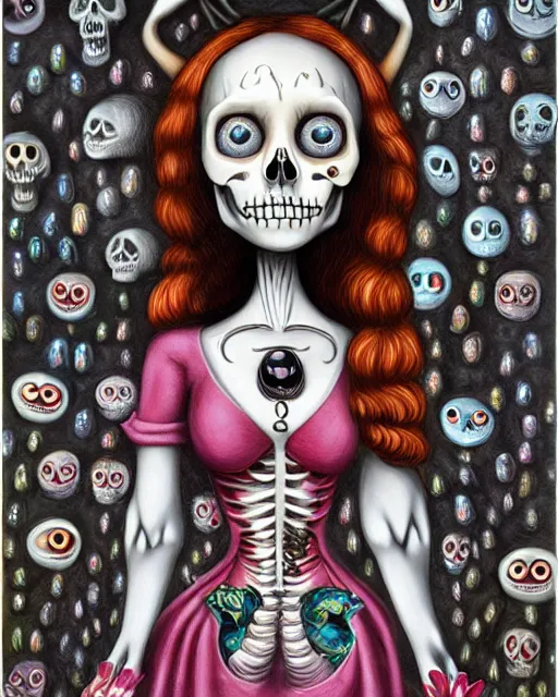 Image similar to a surrealistic head and shoulder painting of a gorgeous female skeleton with cat eyeballs and lipstick and hoodie, in the style of mark ryden, digital art, detailed masterpiece