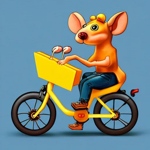 Image similar to digital painting of a cartoonish rat, it's riding a bike that is made of swiss cheese, bike looks like cheese greg rutowski, artstation