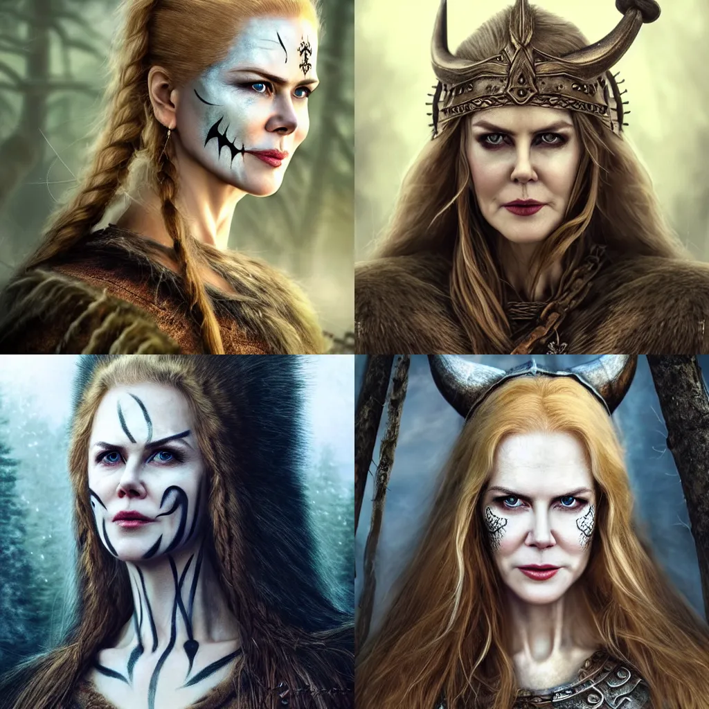 Prompt: gorgeous female Nicole Kidman Viking Norse warrior, Nortic face paint, realistic character concept, full body shot, elegant pose, spooky, illustration, symmetrical face and body, realistic eyes, artstation, cinematic lighting, forest at night, hyperdetailed, detailed realistic symmetrical eyes, cgsociety, 8k, high resolution, Charlie Bowater, Tom Bagshaw, single face, insanely detailed and intricate, beautiful, elegant, vfx, postprocessing