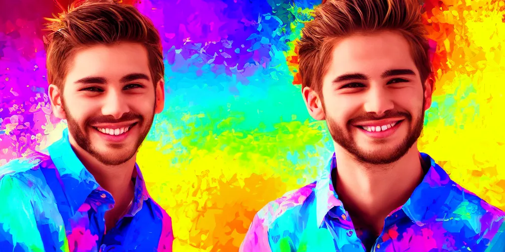 Prompt: most handsome beautiful young man smiling, digital art, colourful background, digital art, seductive.