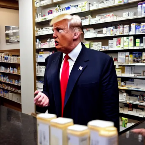 Image similar to photograph of donald trump at the pharmacy picking up adderall, photo by james cameron, amazing lighting