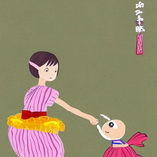 Prompt: Illustration of a baby daikon radish in a tutu walking a dog