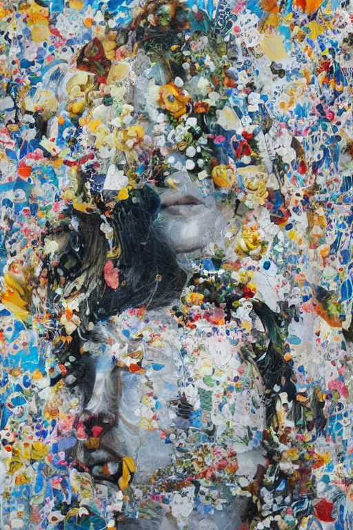 Prompt: hyperrealism with oil painting, 2 0 y. o girl in in the style dustin yellin, of yoshitaka amano, style wrapped in flowers and wired in the style of yayoi kusama, by barry lyndon ultra detailed high resolution, 8 0 s print sci fi art