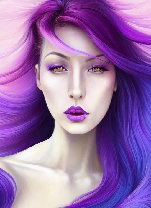 Image similar to Portrait of a woman with bright colored flying hair, all shades of purple. Hair coloring, beautiful lips and makeup. Hair fluttering in the wind, amber eyes, face, long hair, fantasy, intricate, elegant, highly detailed, digital painting, artstation, concept art, smooth, sharp focus, illustration, art by artgerm and greg rutkowski and alphonse mucha