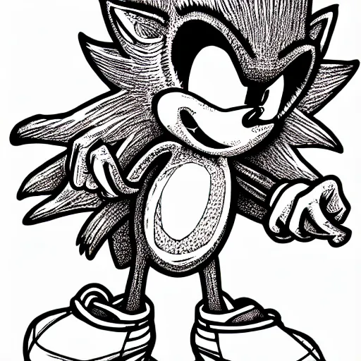Image similar to low angle shot of Sonic the Hedghehog, ink drawing by Robert Crumb, intricate, elegant, highly detailed, centered, digital painting, artstation, concept art, smooth