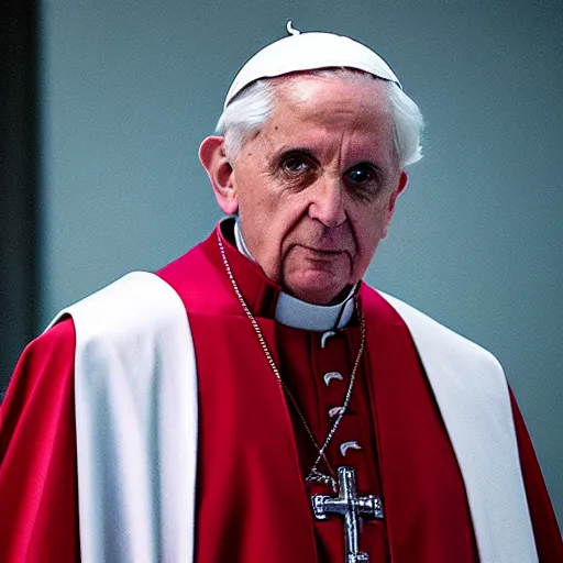 Image similar to pope benedict wearing sith cloak as chancelor palpatine in star wars episode 3, 8 k resolution, cinematic lighting, anatomically correct