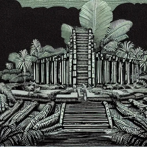 Prompt: a historical illustration of an aztec temple in the florida everglades, moss, vines, alligator, foreboding, dark, in the style of a historical illustration