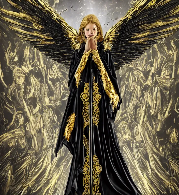 Image similar to full length picture of the angel of death wearing black robes with gold wings in an elaborate cathedral, high octane, 8k, ultra detailed, photorealistic