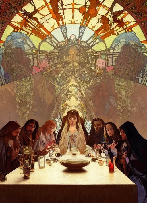 Image similar to the last supper beautiful painting by arthur addams and greg rutkowski and alphonse mucha, highly detailed, illustration, epic, fantasy, intricate, hyper detailed, artstation, concept art, smooth, sharp focus, ray tracing