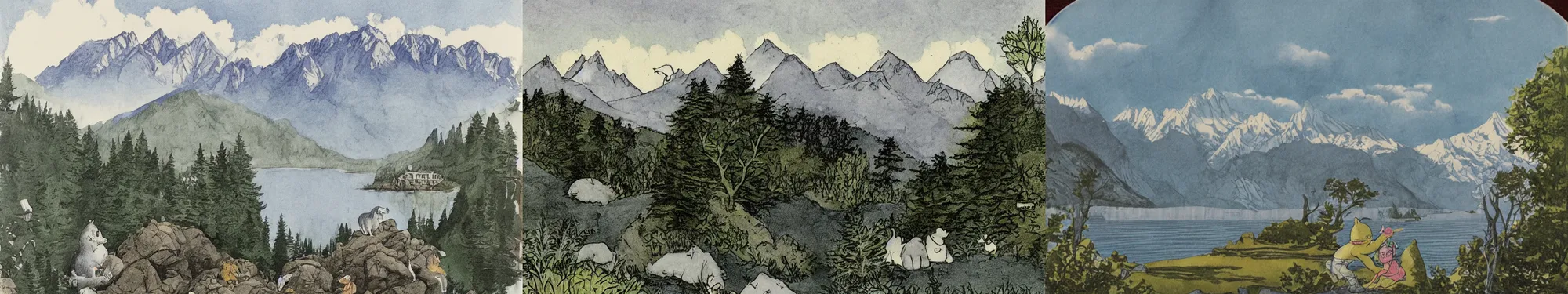 Prompt: lakeside mountains, by maurice sendak