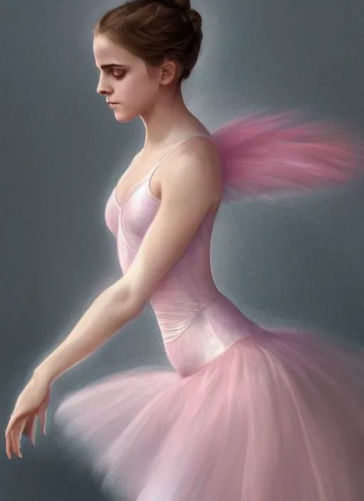 Image similar to emma watson as ballerina, ballet pose, soft pink and white transparent cloth, D&D, shiny background, intricate, elegant, highly detailed, digital painting, artstation, concept art, smooth, sharp focus, illustration, artgerm, bouguereau