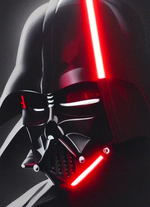 Image similar to photorealistic portrait art of Darth Vader in a black room holding a red lightsaber lighting up half of his face, ambient lighting, dynamic lighting, hyper realistic, concept art, stunning visuals, cinematic