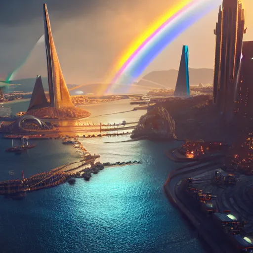 Prompt: a view of a golden fantasy sci fi luxurious city with cerulean oceansides and a rainbow hard light bridge, scandinavian / norse influenced, cinematic, ray traced, octane render, cinematic lighting, ultrarealistic, featured on artstation, 8 k uhd artwork