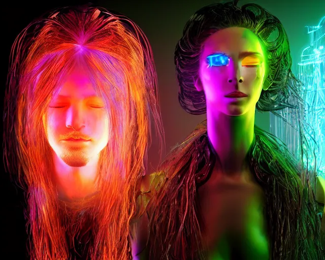 Image similar to glowing hair, complex cybernetic beings, beautiful hairy humanoids, cybermagnetosphere, cybernetic civilizations, ornate hair, love, joy, vortexes, large arrays, data holograms, 8 k, cinematic light shadows, wet hdr refractions, *, * * *, * * * * *