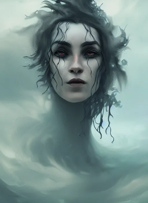 Image similar to a close up portrait of a creepy sea witch with dark turbulent skies, photorealistic, by jessica rossier, 4 k resolution