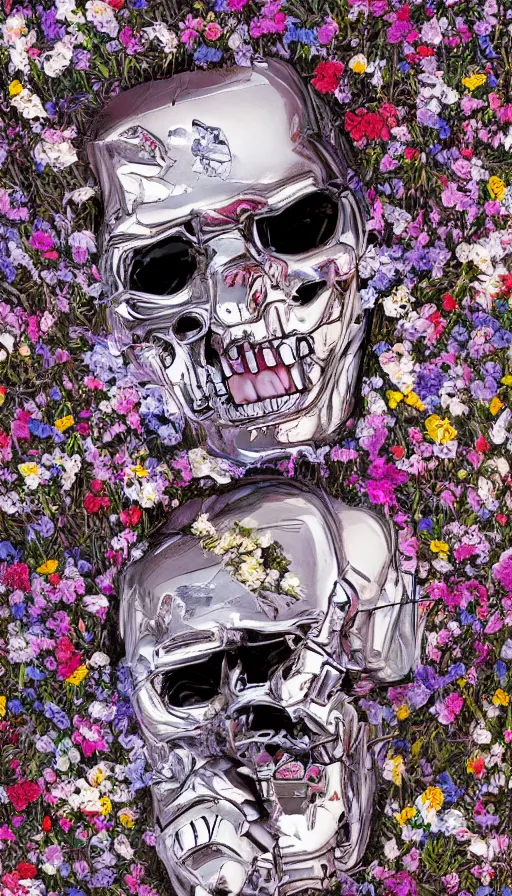 Prompt: destroyed terminator lying in a field of flowers, twisted, chrome, reflections, anthropomorphic, photorealism, smoke, 8 k, wires, smooth, sharp focus, top view, extremely detailed, hyperrealism, elegant, establishing shot, by jeff koons, artgerm and greg rutkowski