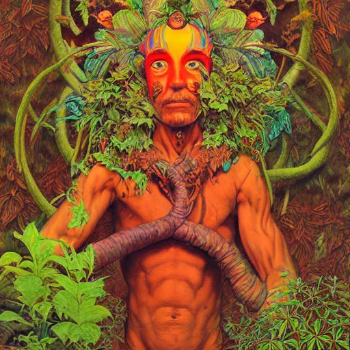 Image similar to Psychedelic Physique Portrait of a Shaman Guy wearing an ivy costume plant disguised as a human standing atop a red clay pot greg rutkowski jen bartel peter mohrbacher anna podedworna arthur rackham salvador dali octavio ocampo jacek yerka winslow homer norman rockwell uta natsume prismacolor tombow quill