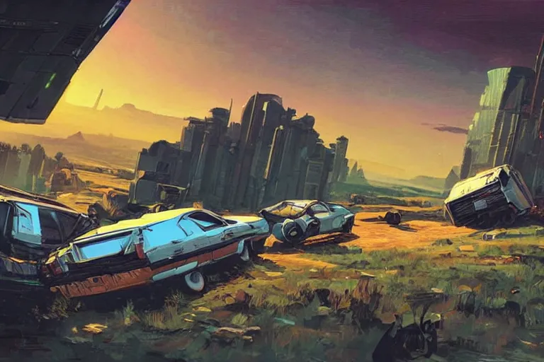 Image similar to a van has crashed and rolled over in the badlands. it's shipment has spilled out. art in the style of vincent di fate's cyberpunk 2 0 2 0.