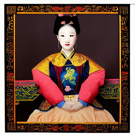 Image similar to portrait photo of pretty princess foundation makeup, qing dynasty, authentic kingdom environment by caravaggio