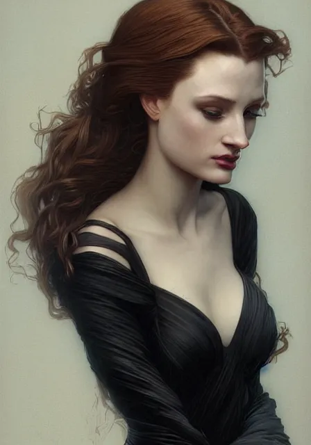 Image similar to sansa angeline jolie gessica chastain in black, intricate, elegant, highly detailed, digital painting, artstation, concept art, smooth, sharp focus, illustration, art by artgerm and greg rutkowski and alphonse mucha and william - adolphe bouguereau