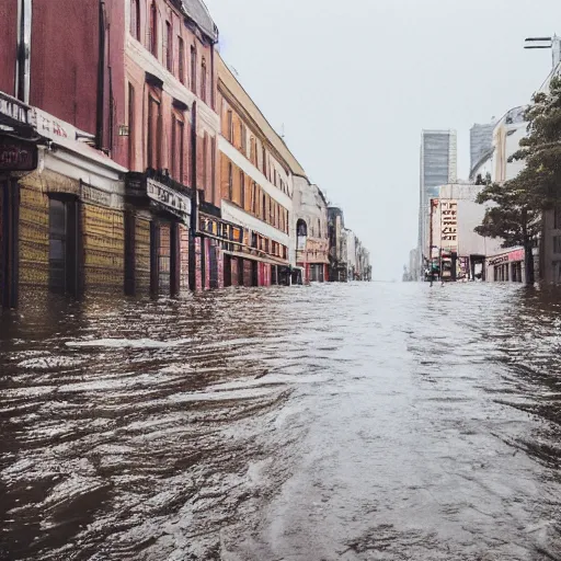 Prompt: stormy city street with tumultuous flooding occurring swallowing up the land, eye - level view!!!!, 4 k photorealism, trending on unsplash