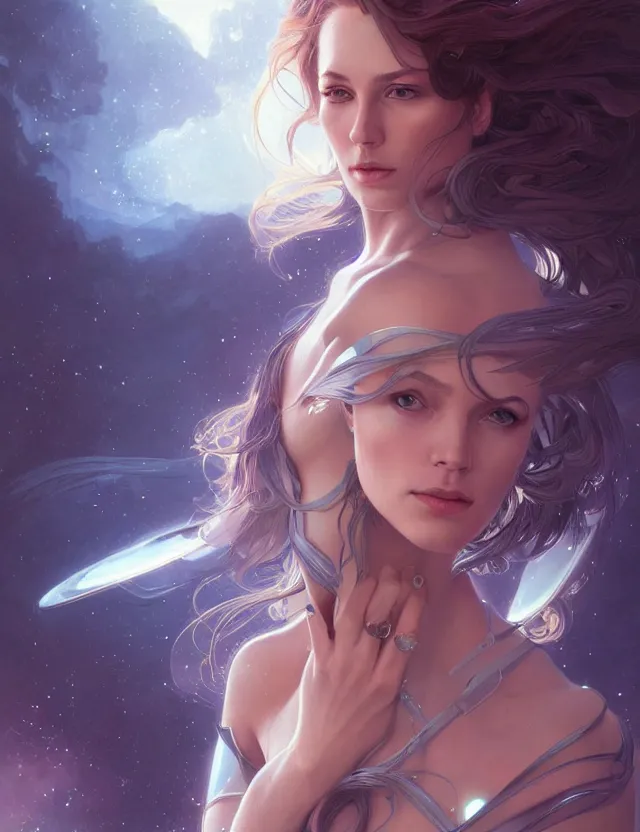 Image similar to futuristic woman portrait, sci-fi, amber eyes, face, long hair, fantasy, intricate, elegant, highly detailed, digital painting, artstation, concept art, smooth, sharp focus, illustration, art by artgerm and greg rutkowski and alphonse mucha