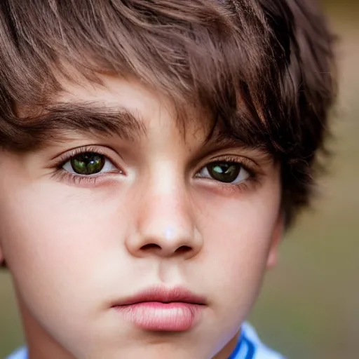 Image similar to a closeup portrait of a boy with brown hair and brown eyes. Extremely clear and high quality eyes with reflection in this, realistic face and details, clear lips and high quality