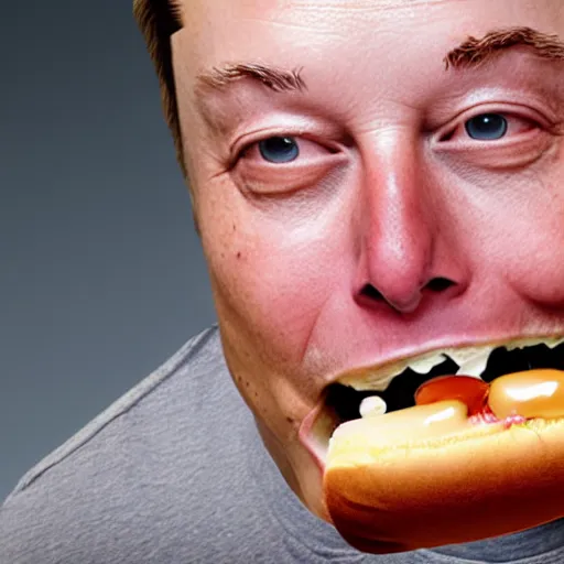 Image similar to Elon Musk eating a hotdog, hyper realistic, HD, HQ, photo realistic