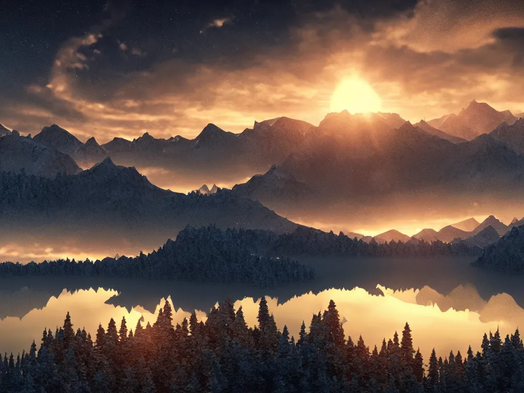 Image similar to epic crystalline taiga with a lake, golden hour, distant mountains, atmospheric perspective, altostratus clouds, planets, cinematic, 3 5 mm lens, photographic, octane render, cinematography by roger deakins, in the style of ansel adams