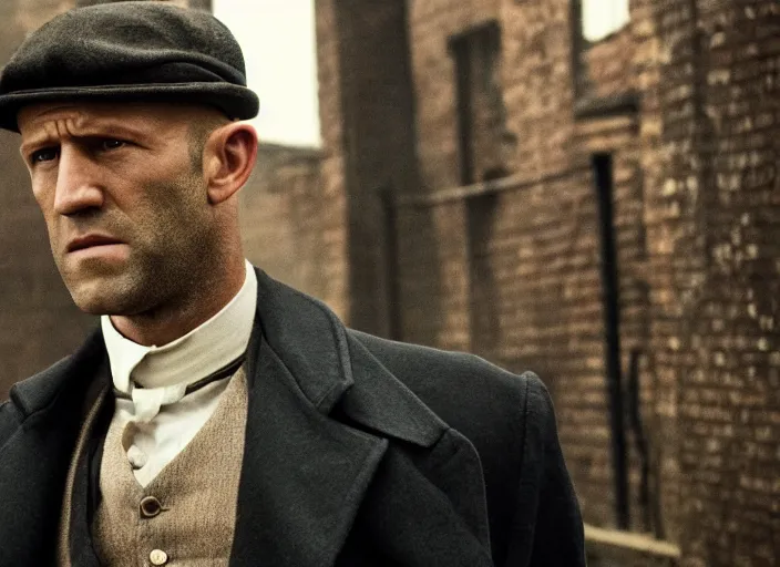 Image similar to film still of !!!!Jason Statham!!! as Thomas Shelby in Peaky Blinders, 4k