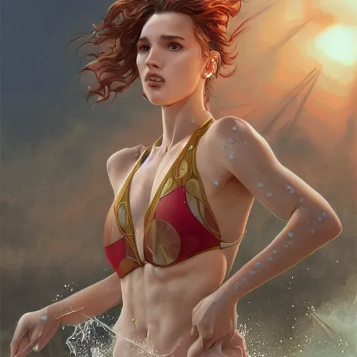 Image similar to ultra realistic illustration, bella thorne as the olympics swim team anime, intricate, elegant, highly detailed, digital painting, artstation, concept art, smooth, sharp focus, illustration, art by artgerm and greg rutkowski and alphonse mucha and wlop