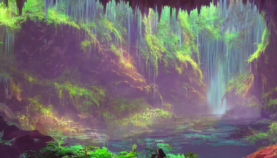 Prompt: concept art of a huge underground jungle cave with waterfalls, luminescent plants, colorful, high detailed, ultra realistic